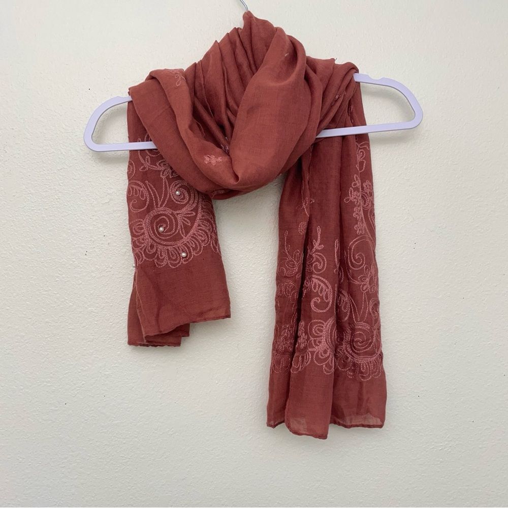 🌻3 for $25 SALE- Embroidered Lightweight Scarf with Pearl Details